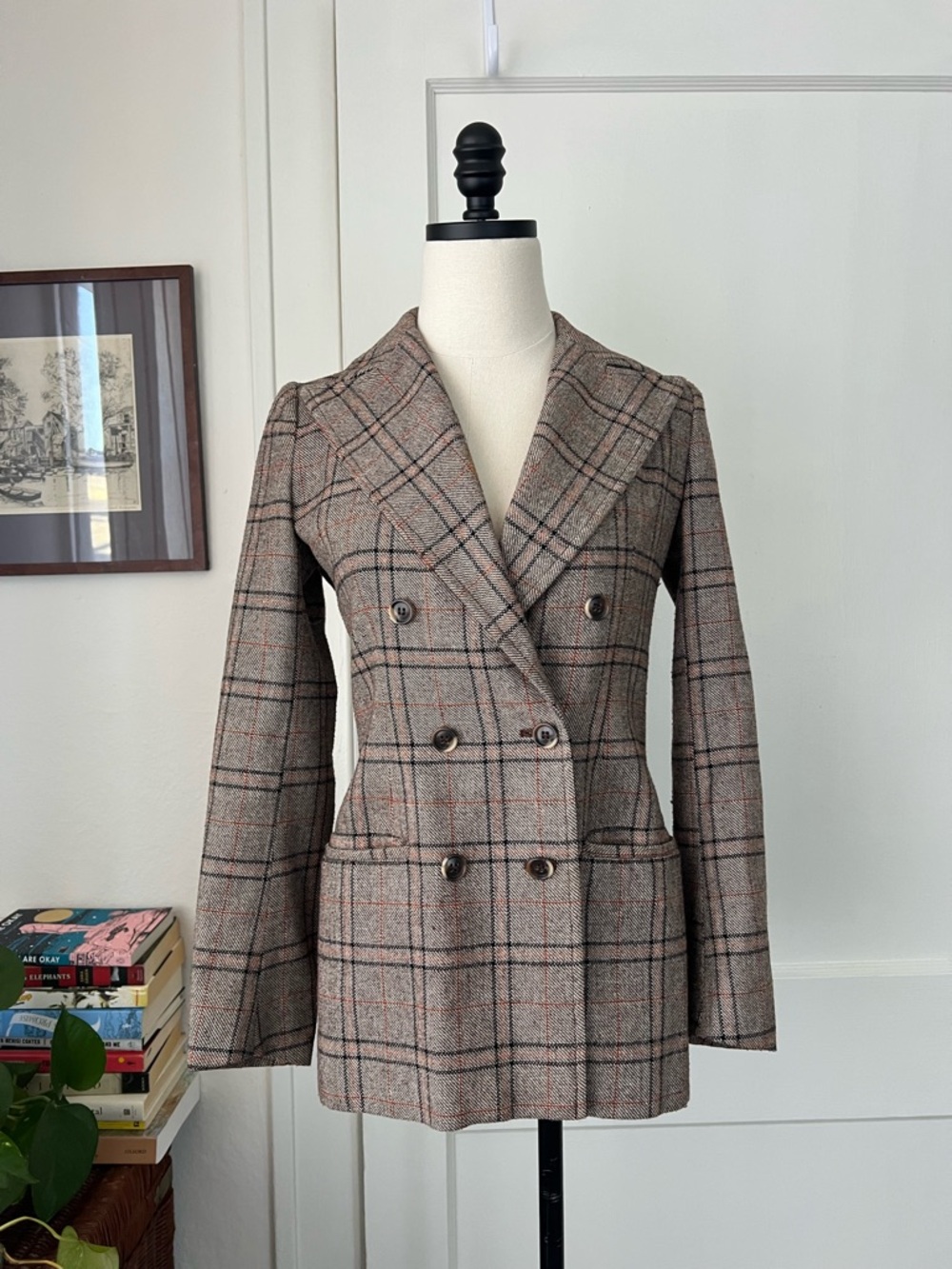 Vintage Gaston Jaunet Plaid Wool Blend Double Breasted Blazer